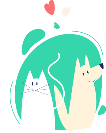Desenho de um gato e um cachorro com dois corações acima